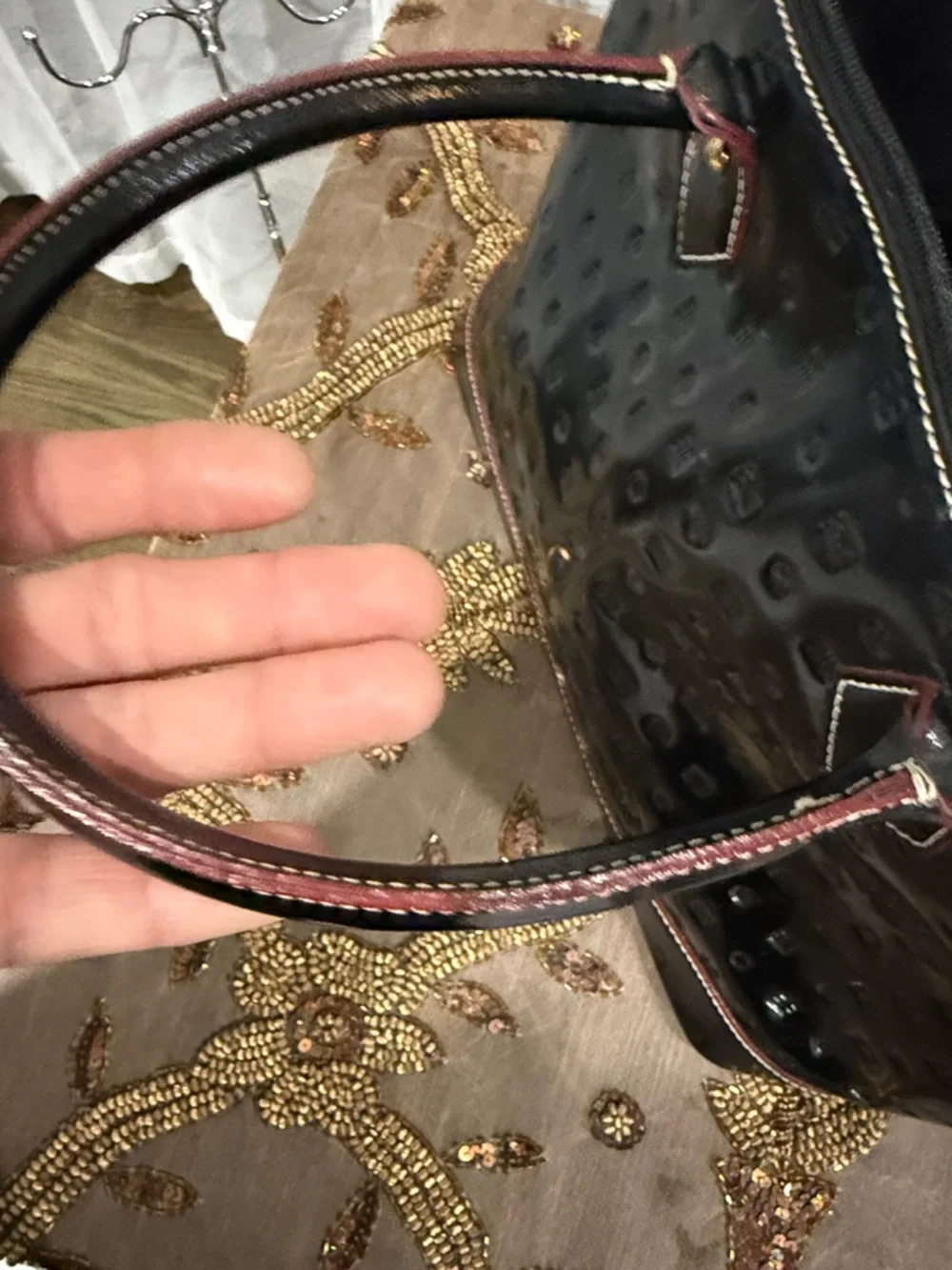 Arcadia Black Patent Leather Tote with Subtle Red Trim